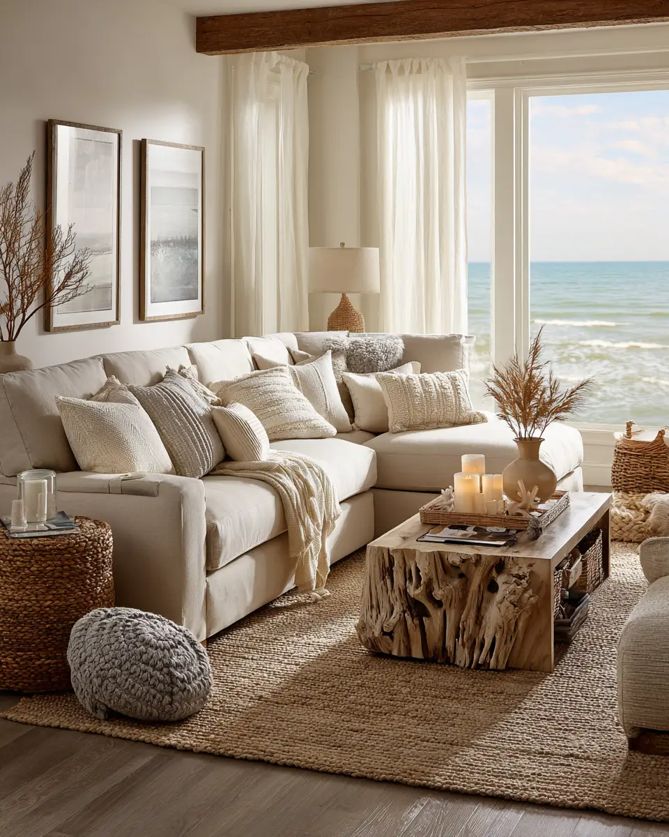 Beige Coastal Living Room Decor Ideas