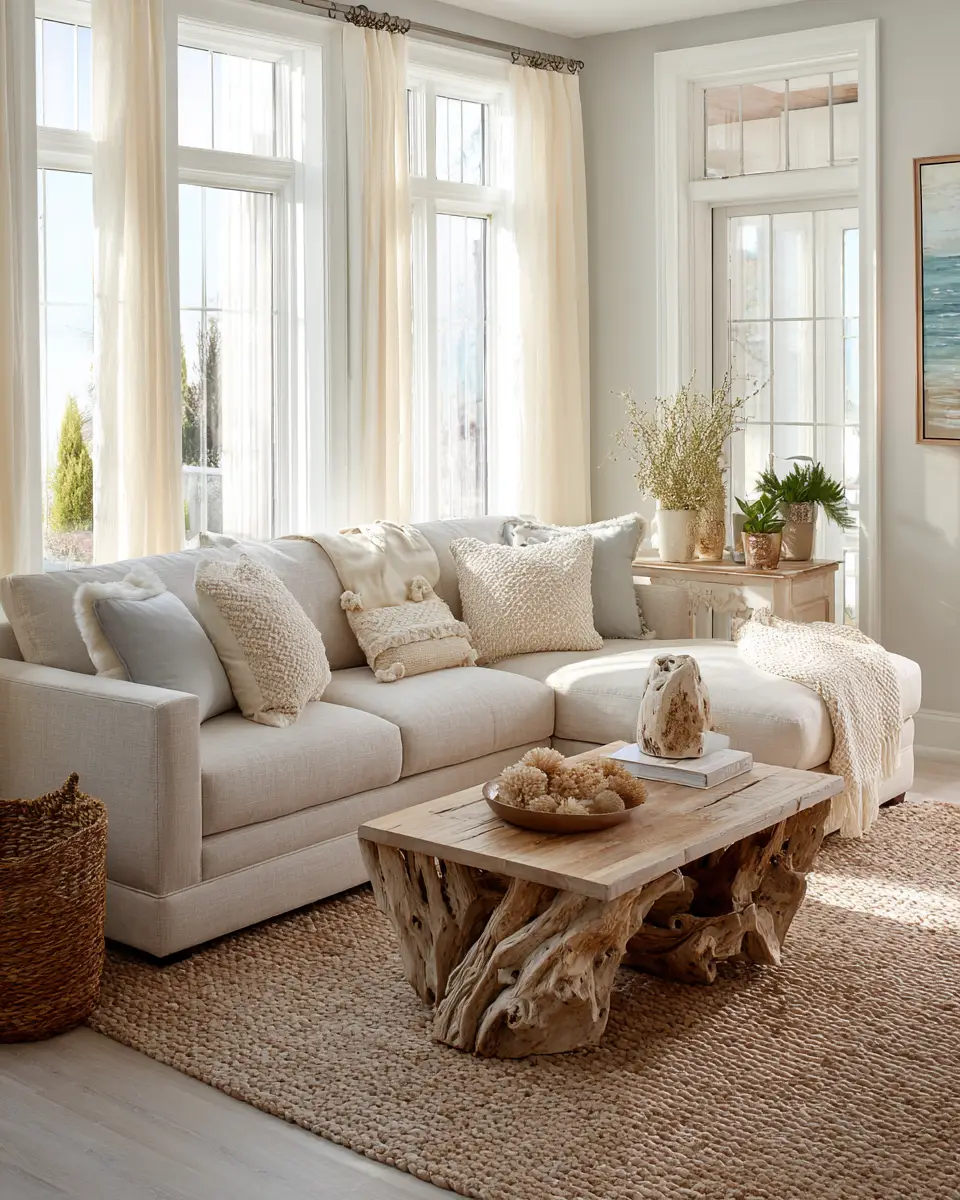 Beige Coastal Living Room Decor Ideas