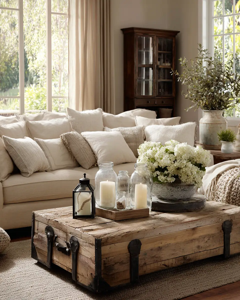 Beige Farmhouse Living Room Decor Ideas