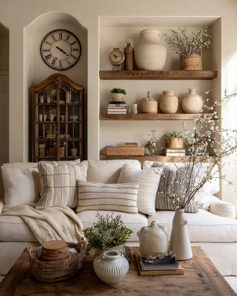 Beige Farmhouse Living Room Decor Ideas