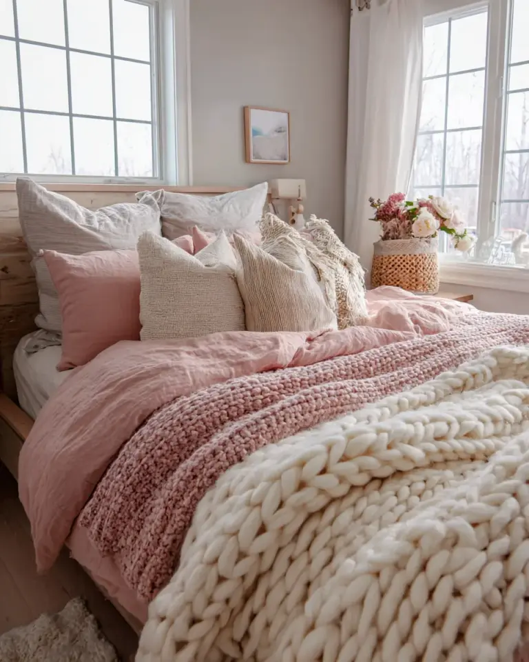 Blush Pink Farmhouse Bedroom Decor Ideas - Featured