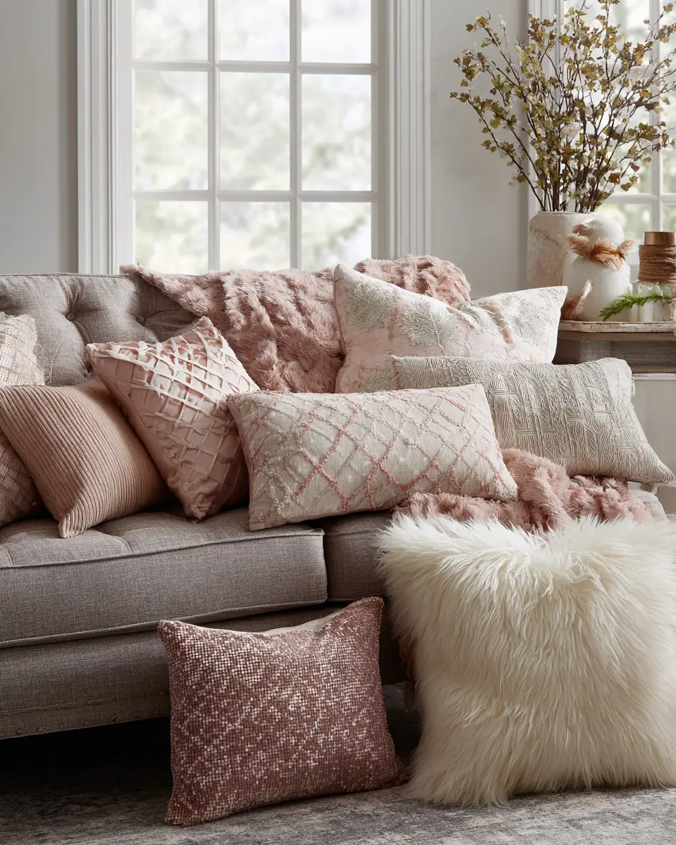 Blush Pink Farmhouse Living Room Decor Ideas - Featured