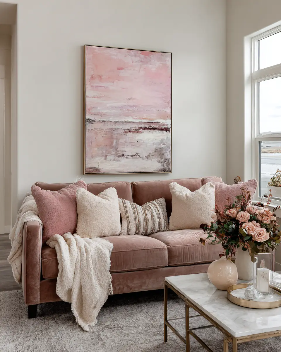 Blush Pink Farmhouse Living Room Decor Ideas