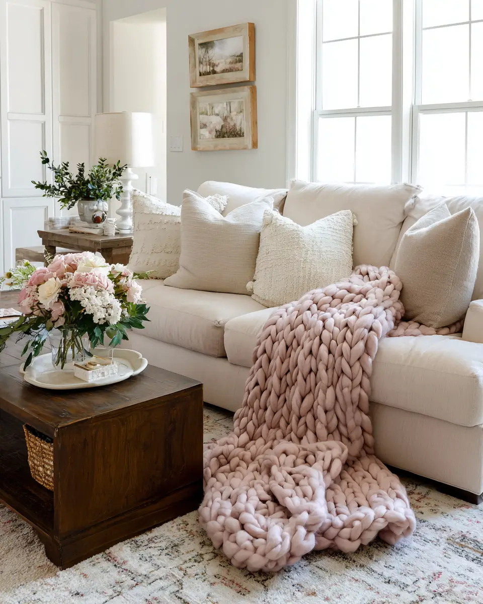 Blush Pink Farmhouse Living Room Decor Ideas