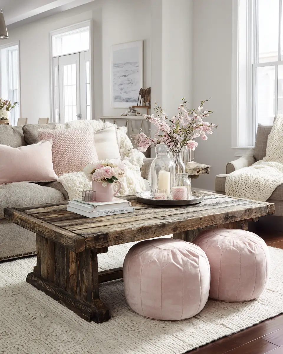 Blush Pink Farmhouse Living Room Decor Ideas