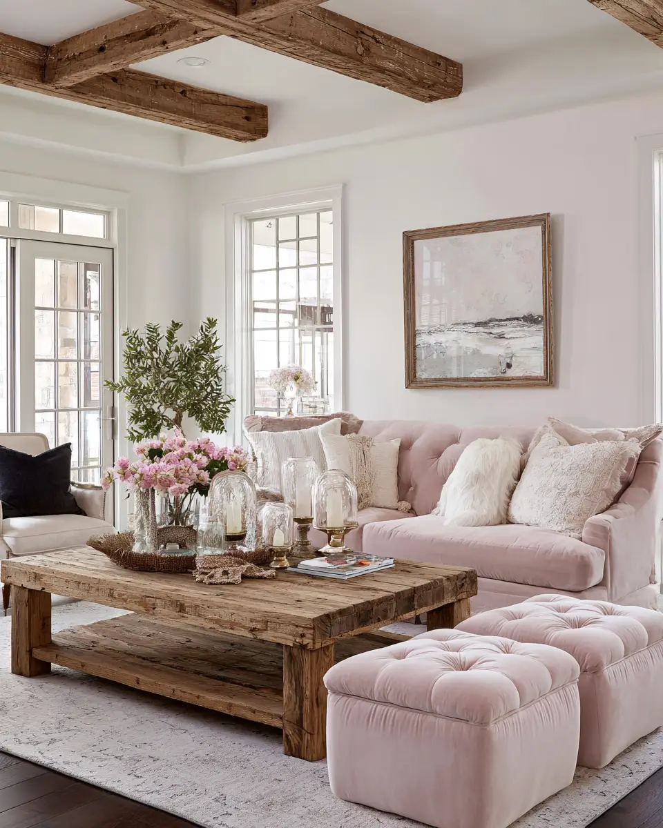 Blush Pink Farmhouse Living Room Decor Ideas