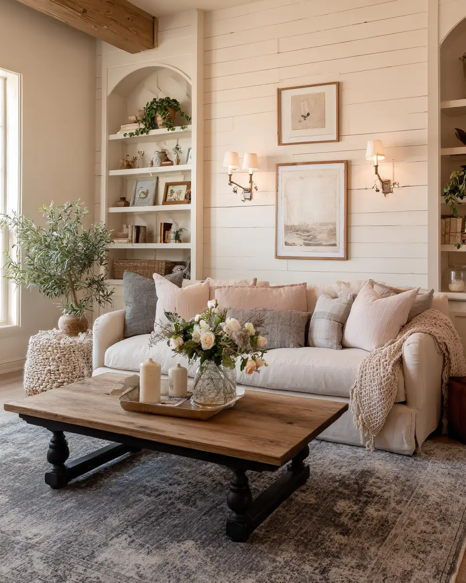 Blush Pink Farmhouse Living Room Decor Ideas