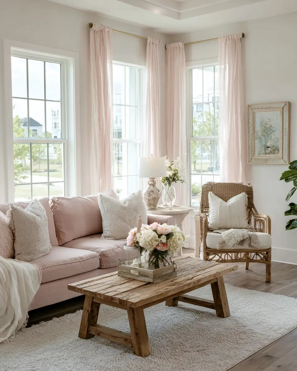 Blush Pink Farmhouse Living Room Decor Ideas