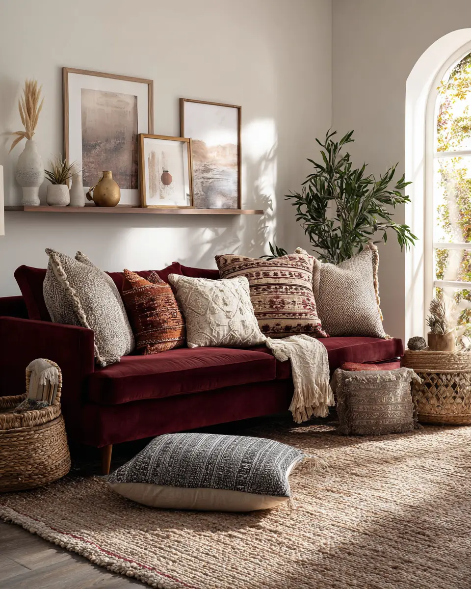 Burgundy Boho Living Room Decor Ideas