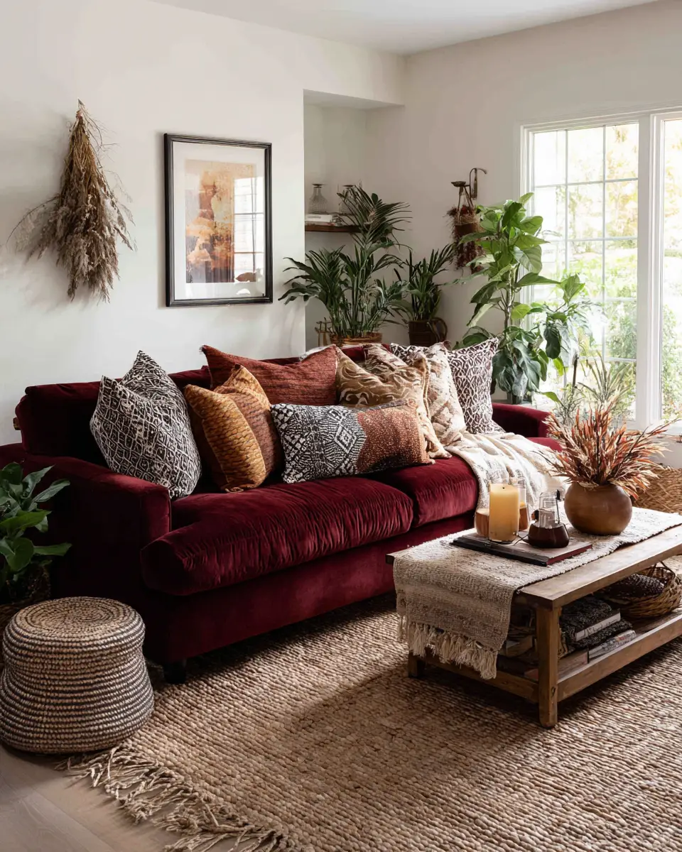 Burgundy Boho Living Room Decor Ideas
