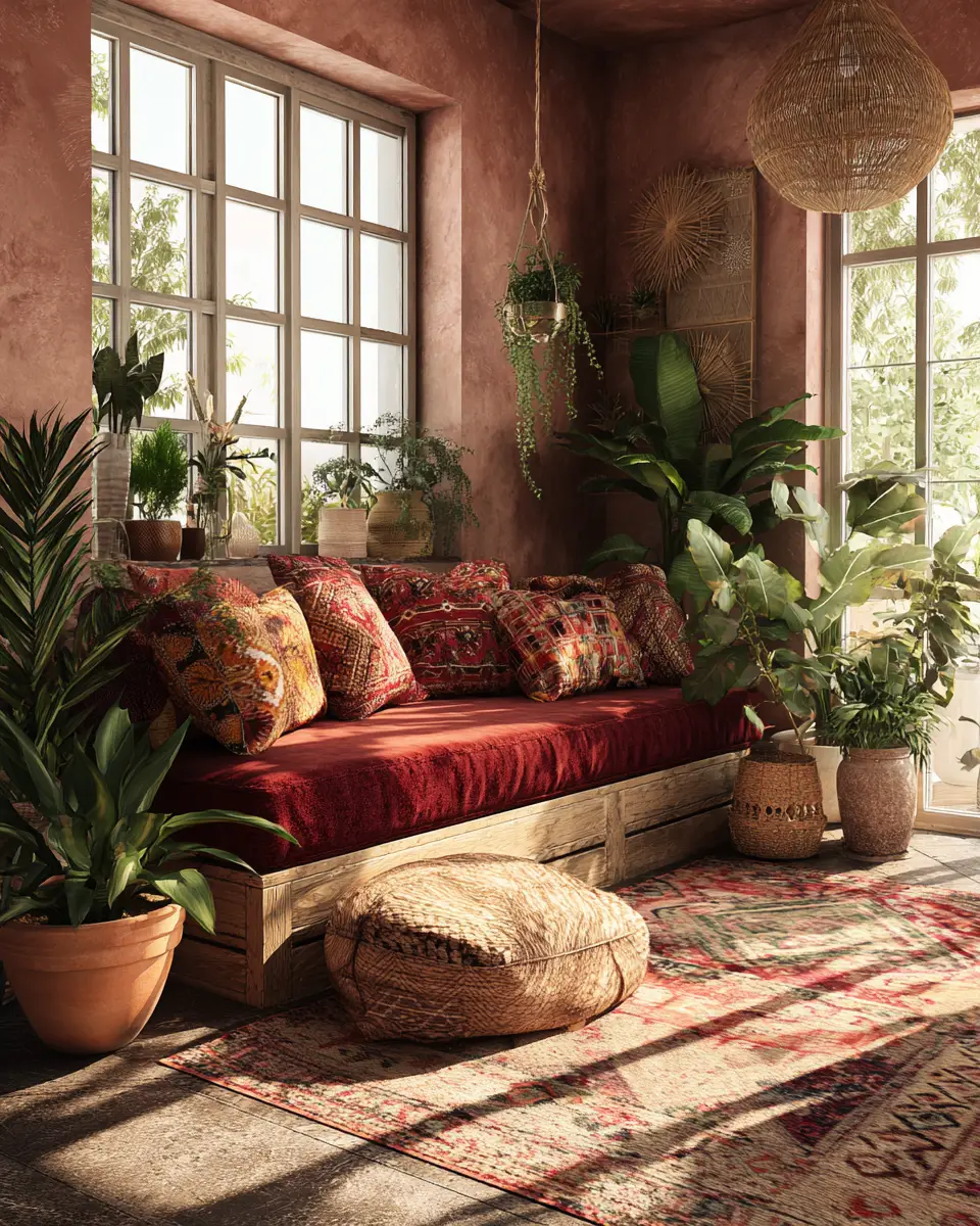 Burgundy Boho Living Room Decor Ideas