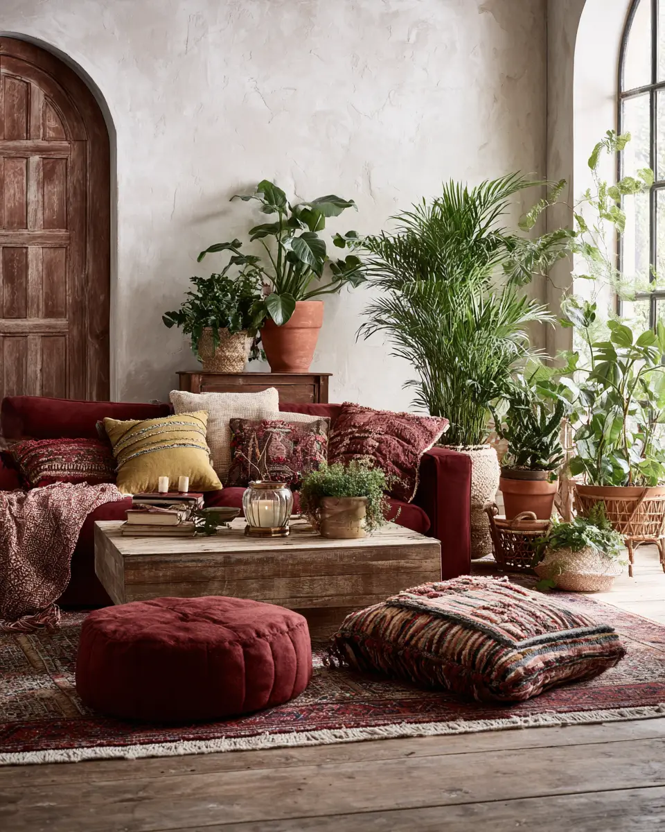 Burgundy Boho Living Room Decor Ideas