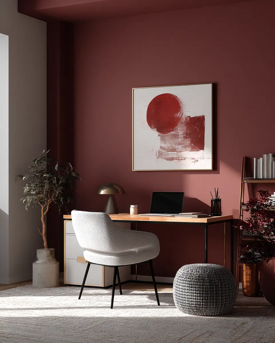 Burgundy Mid-Century Modern Home Office Decor Ideas