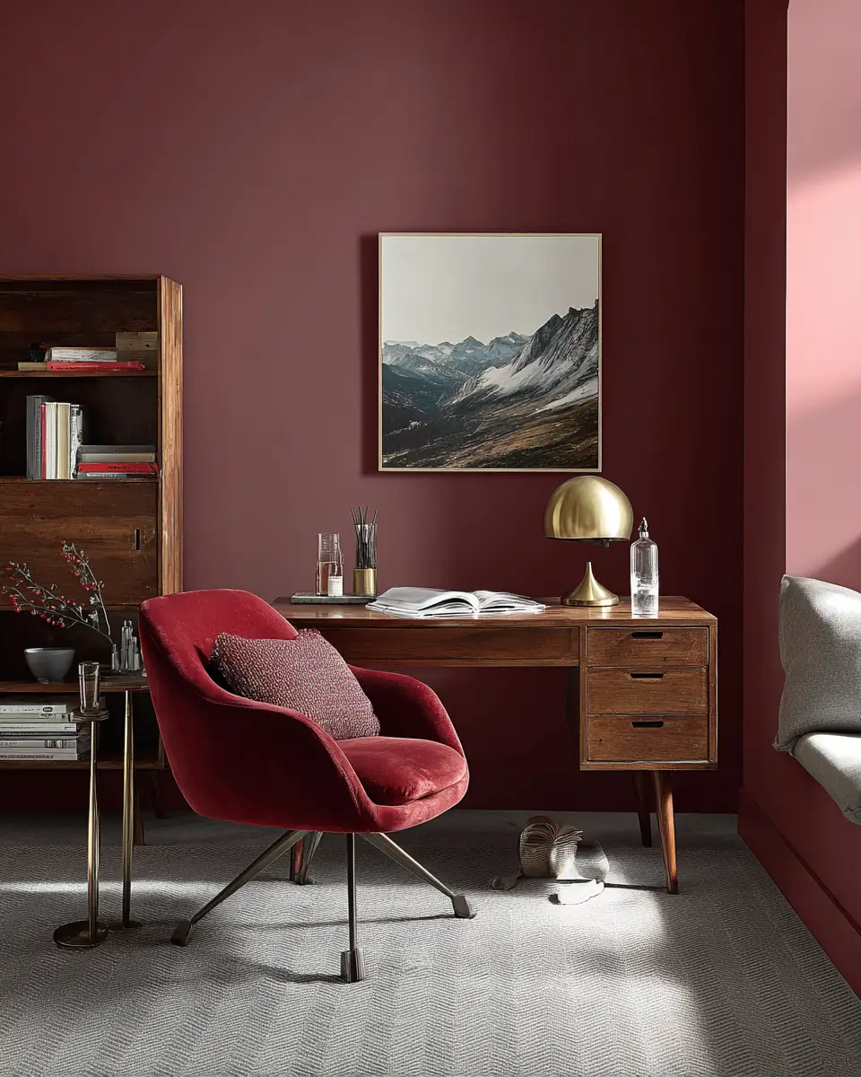 Burgundy Mid-Century Modern Home Office Decor Ideas