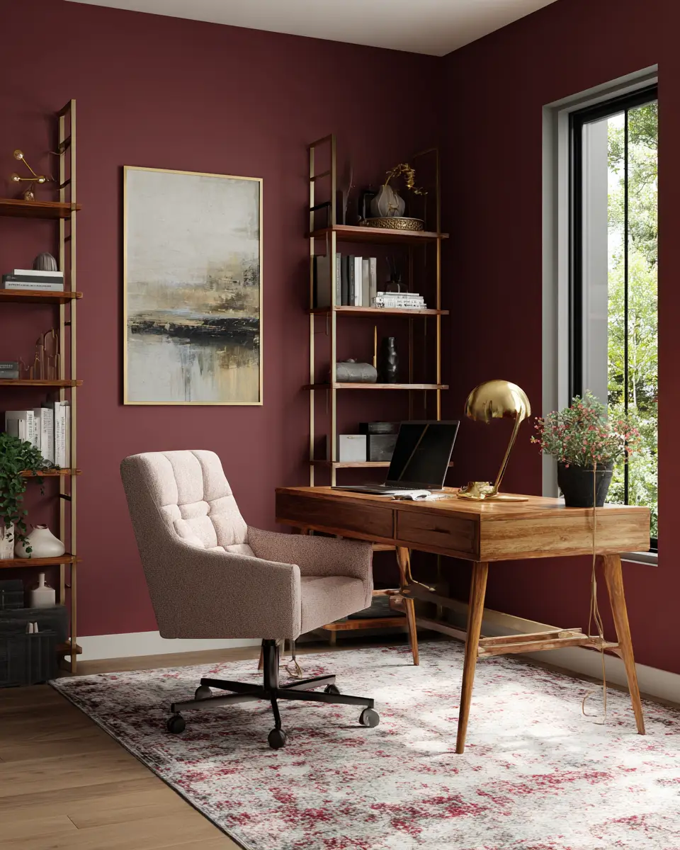 Burgundy Mid-Century Modern Home Office Decor Ideas