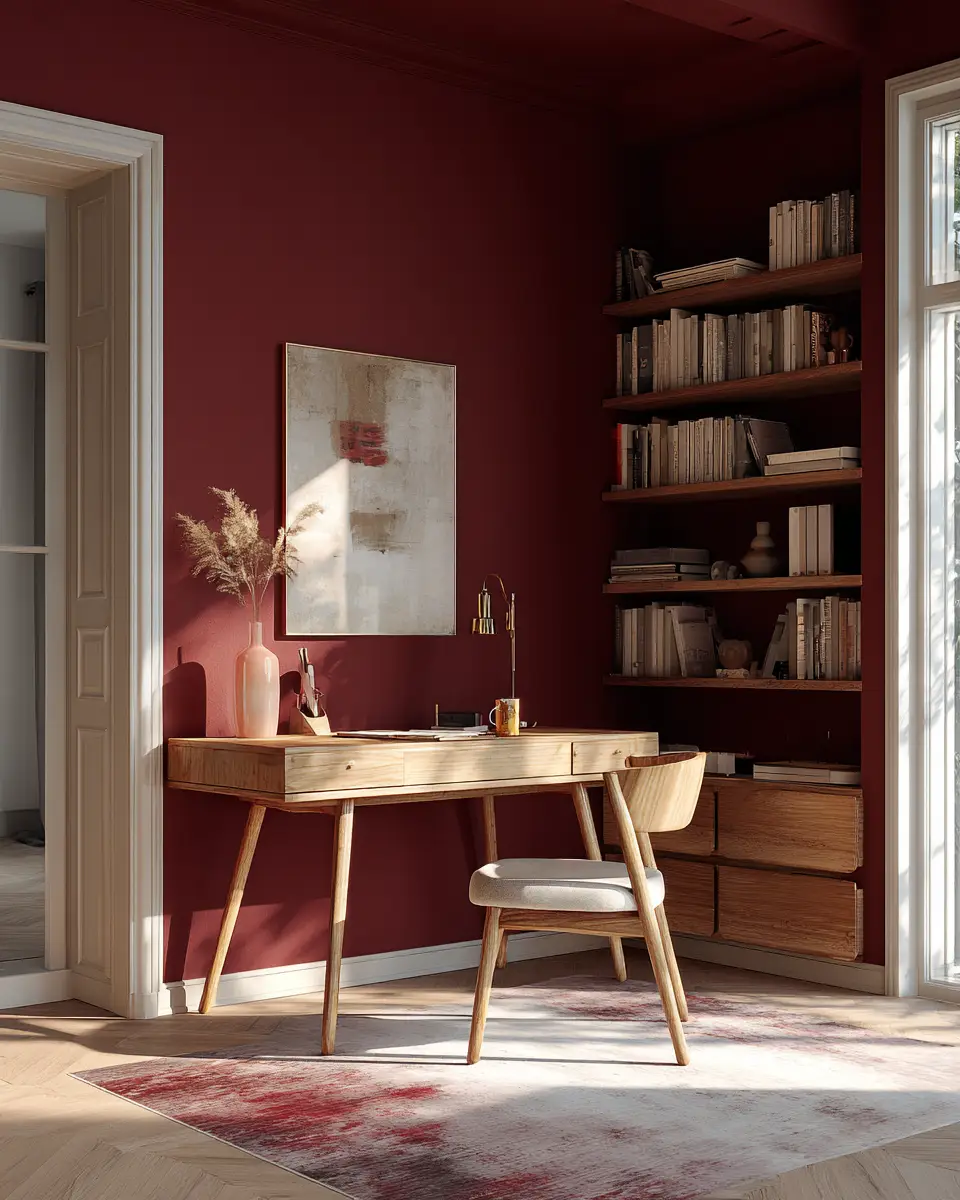 Burgundy Mid-Century Modern Home Office Decor Ideas