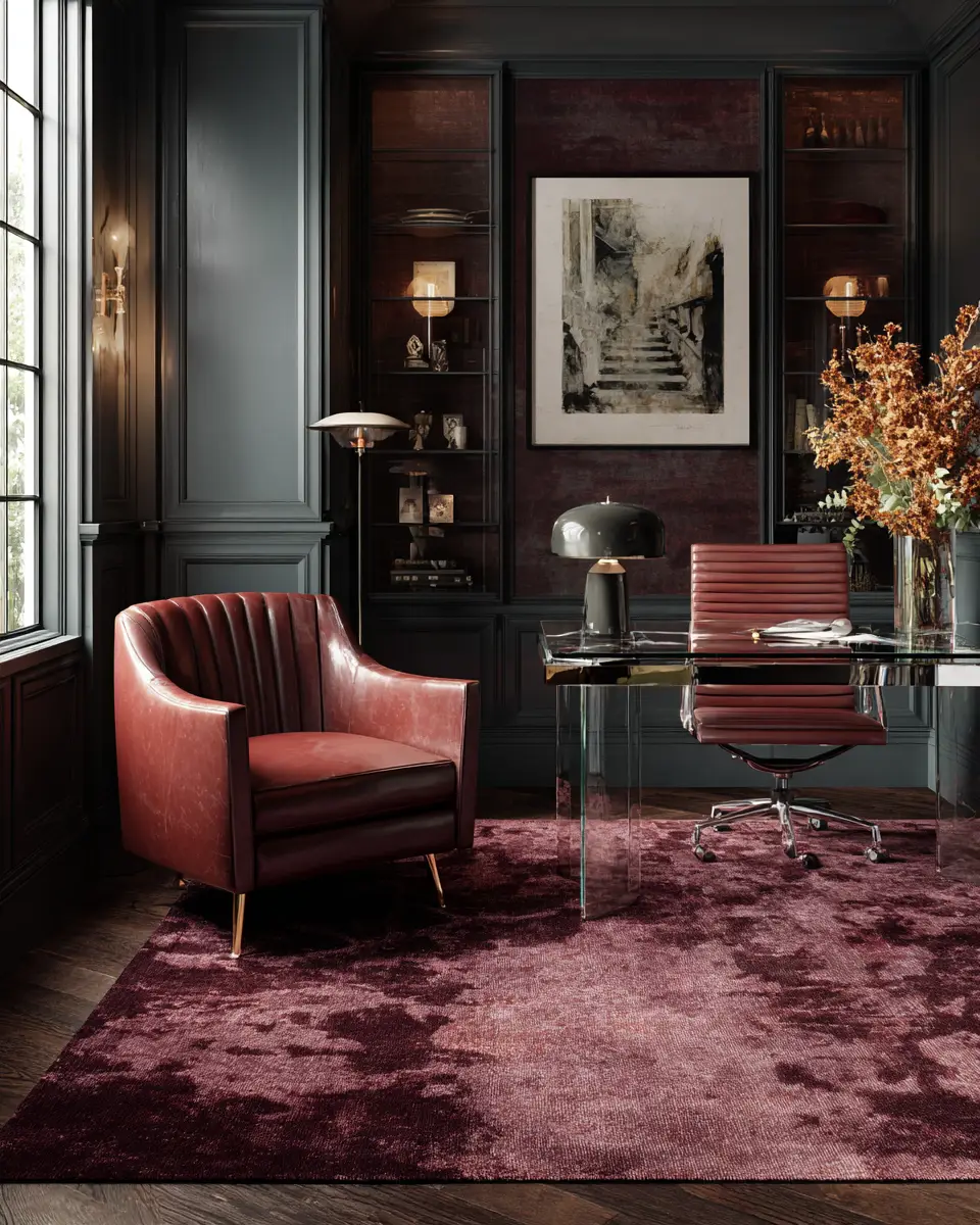 Burgundy Mid-Century Modern Home Office Decor Ideas