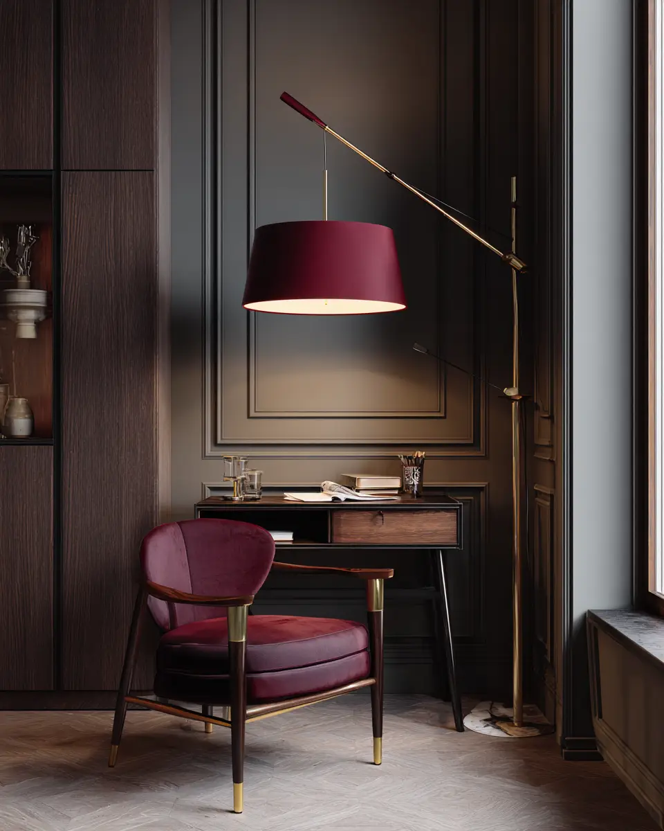 Burgundy Mid-Century Modern Home Office Decor Ideas