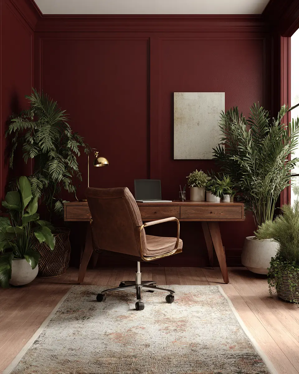 Burgundy Mid-Century Modern Home Office Decor Ideas