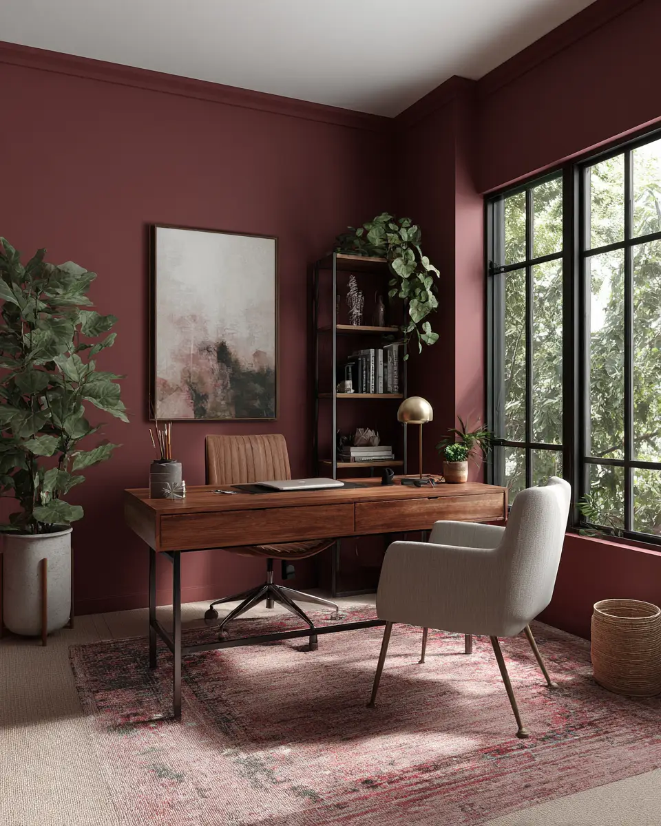 Burgundy Mid-Century Modern Home Office Decor Ideas