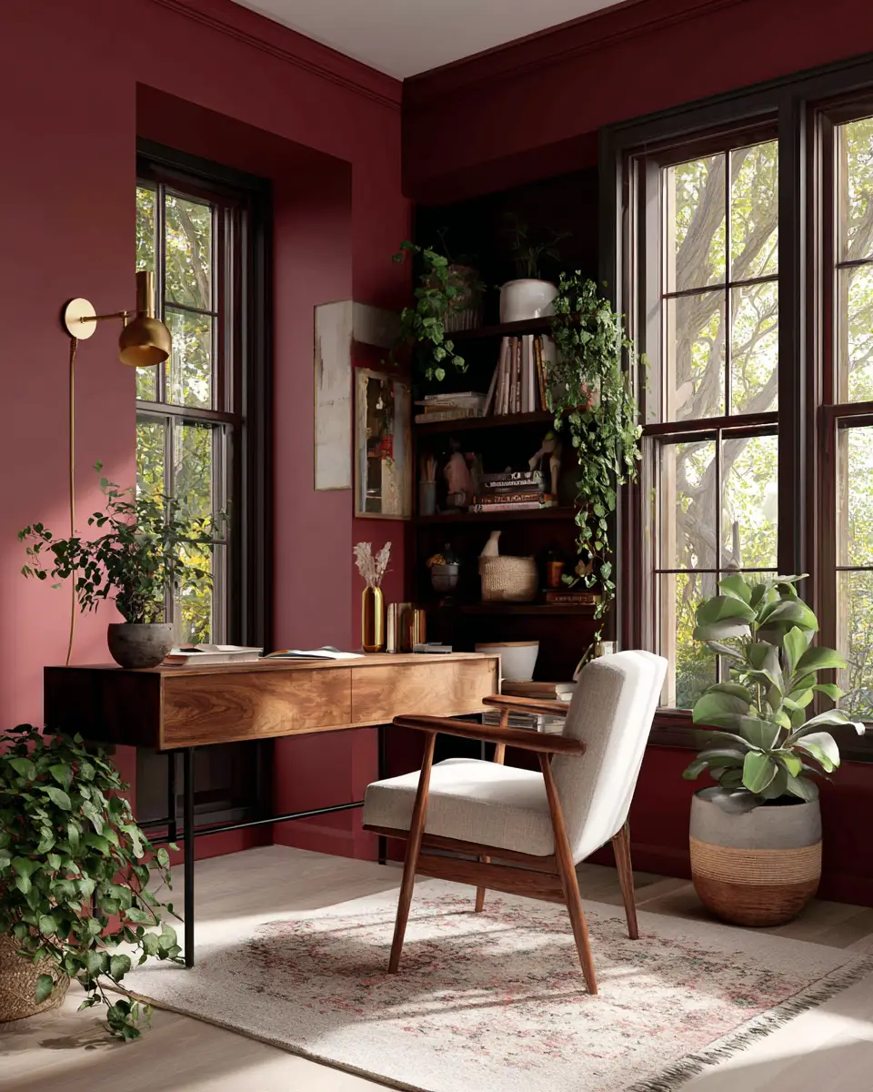 Burgundy Mid-Century Modern Home Office Decor Ideas