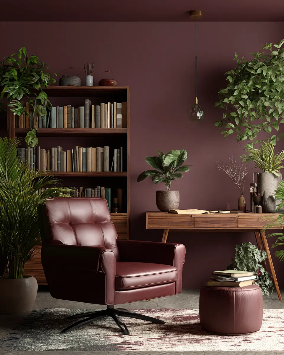 Burgundy Mid-Century Modern Home Office Decor Ideas