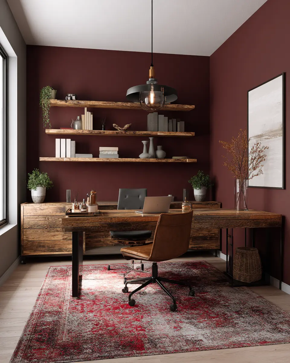Burgundy Rustic Home Office Decor Ideas