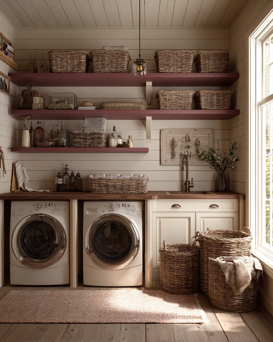 Burgundy Rustic Laundry Room Decor Ideas - Featured