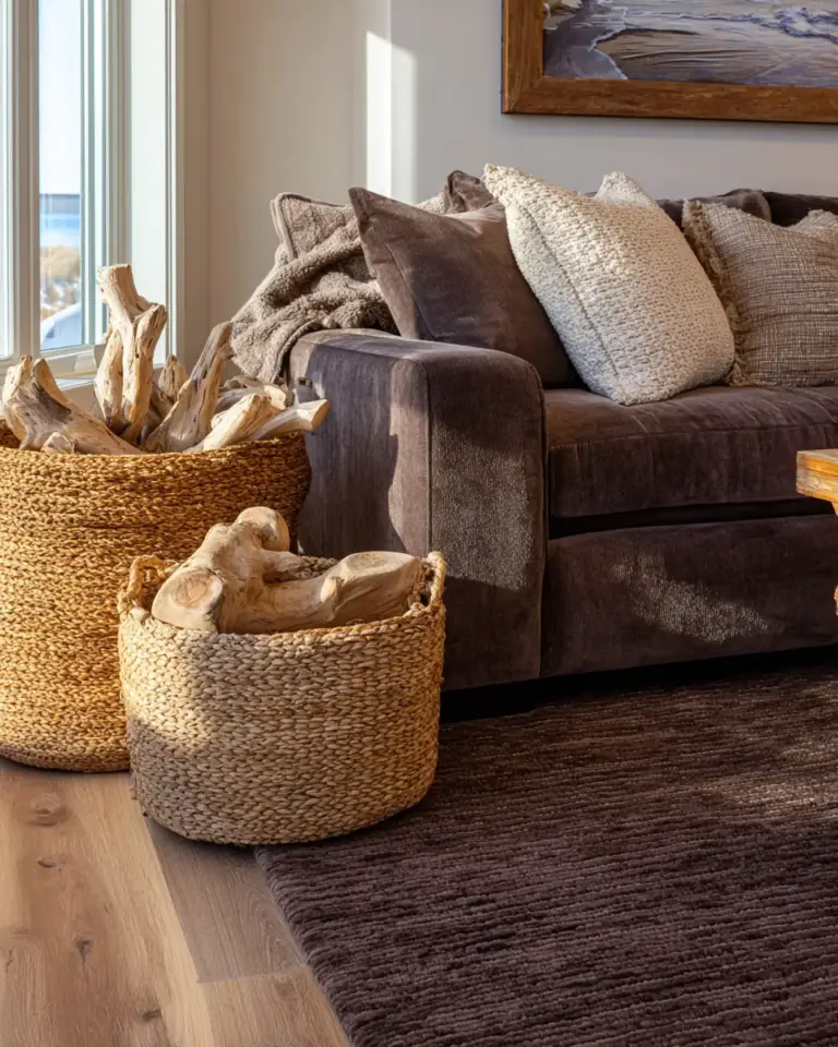 Chocolate Brown Coastal Living Room Decor Ideas - Featured