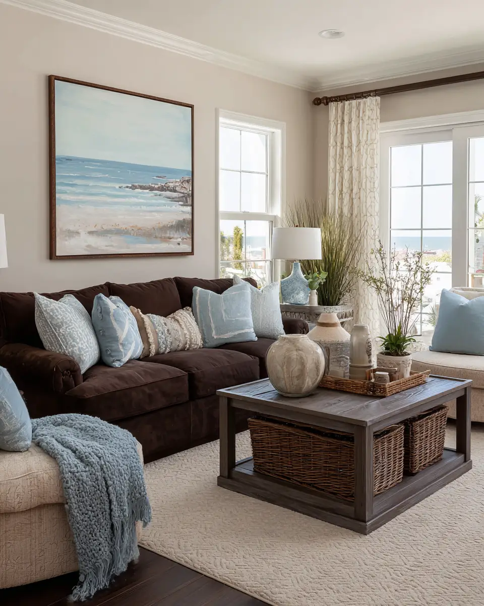 Chocolate Brown Coastal Living Room Decor Ideas