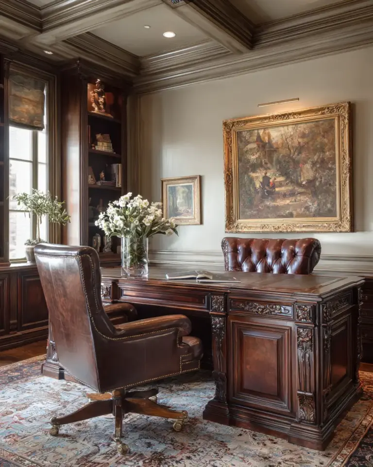 Chocolate Brown Traditional Home Office Decor Ideas - Featured