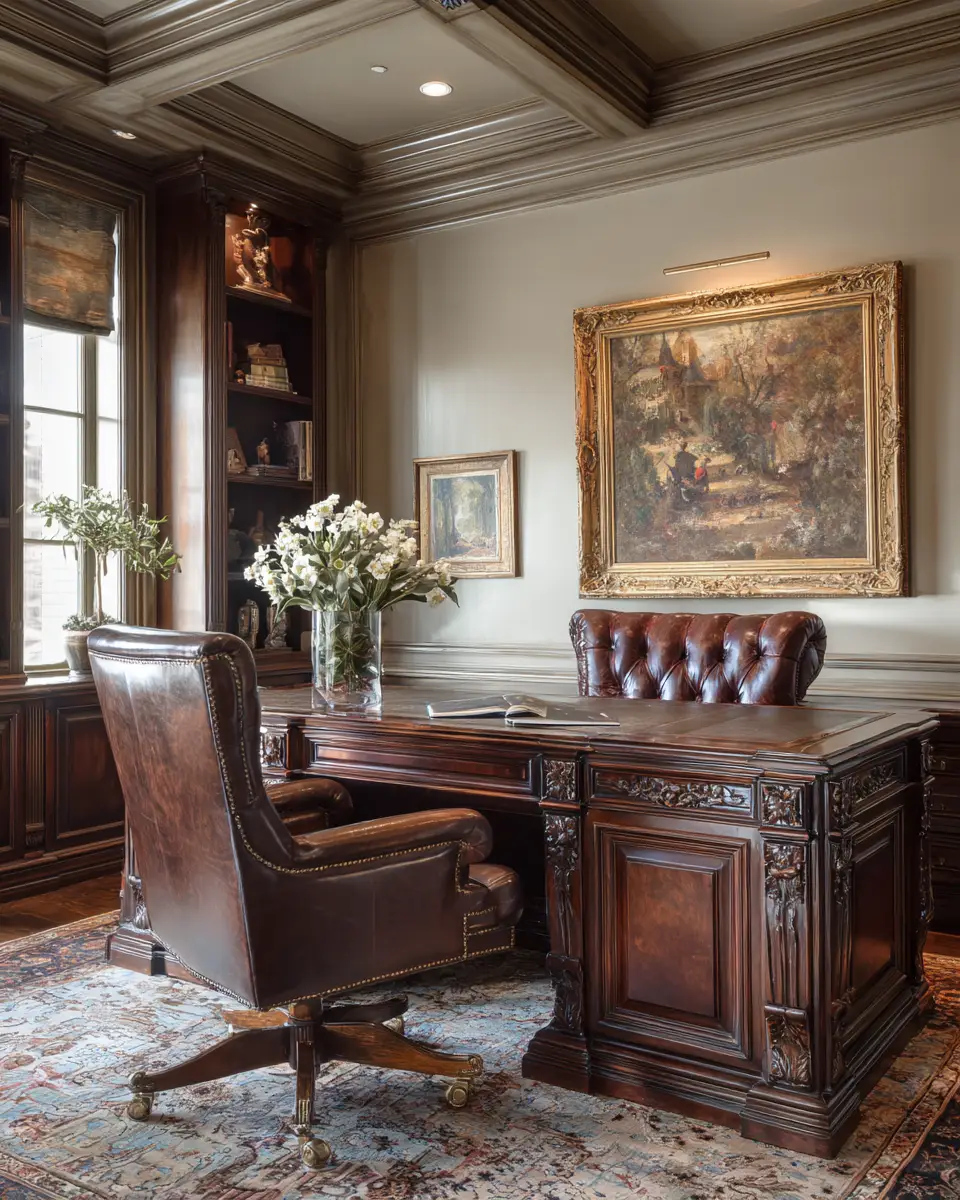 Chocolate Brown Traditional Home Office Decor Ideas - Featured