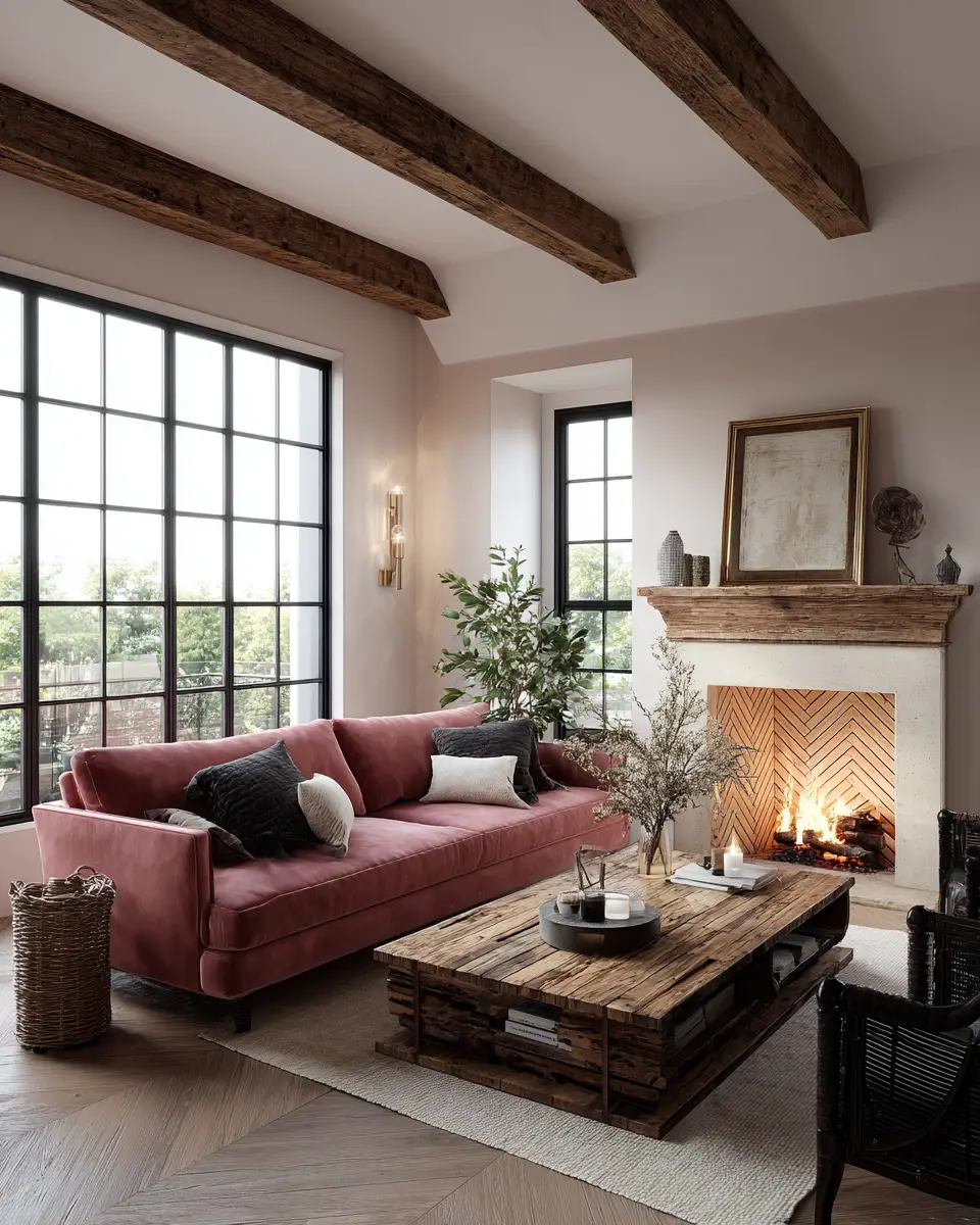 Dusty Rose Rustic Living Room Decor Ideas - Featured