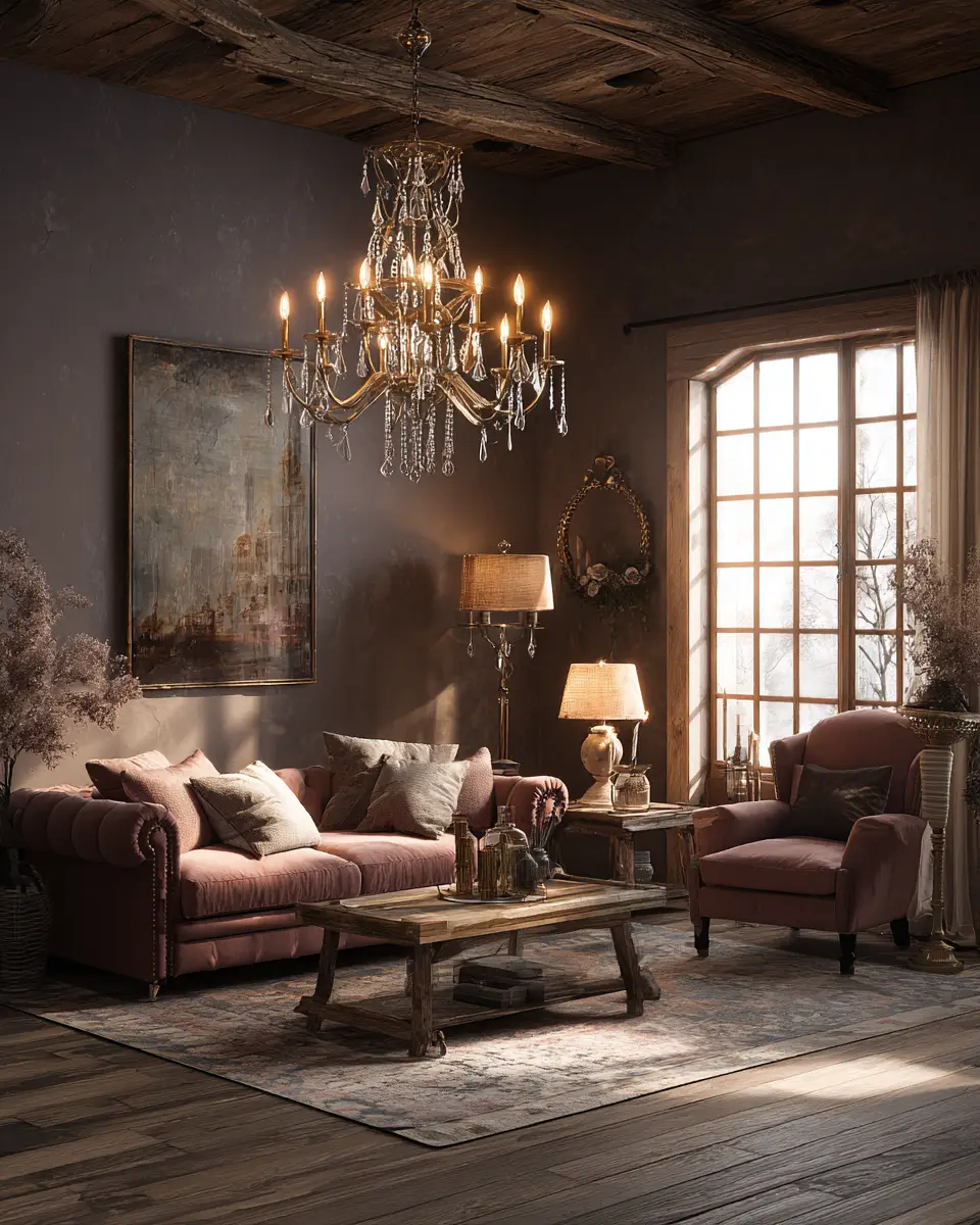 Dusty Rose Rustic Living Room Decor Ideas