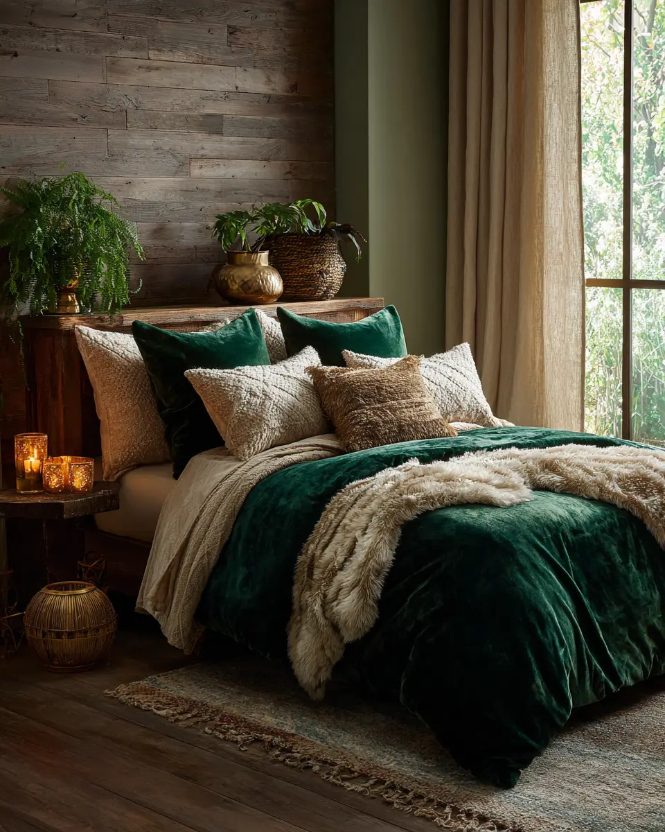 Emerald Green Rustic Bedroom Decor Ideas