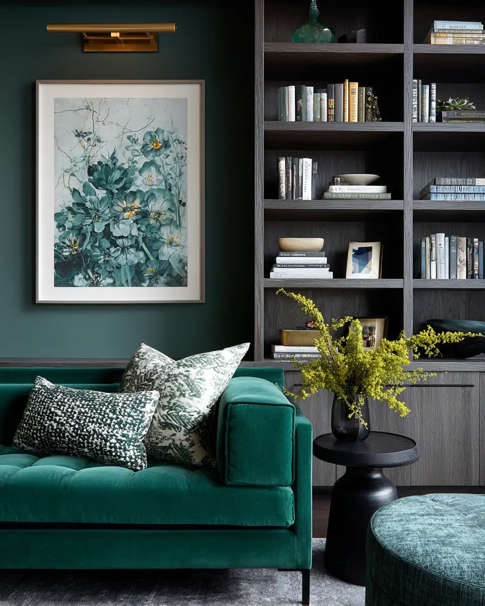 Emerald Green Transitional Living Room Decor Ideas