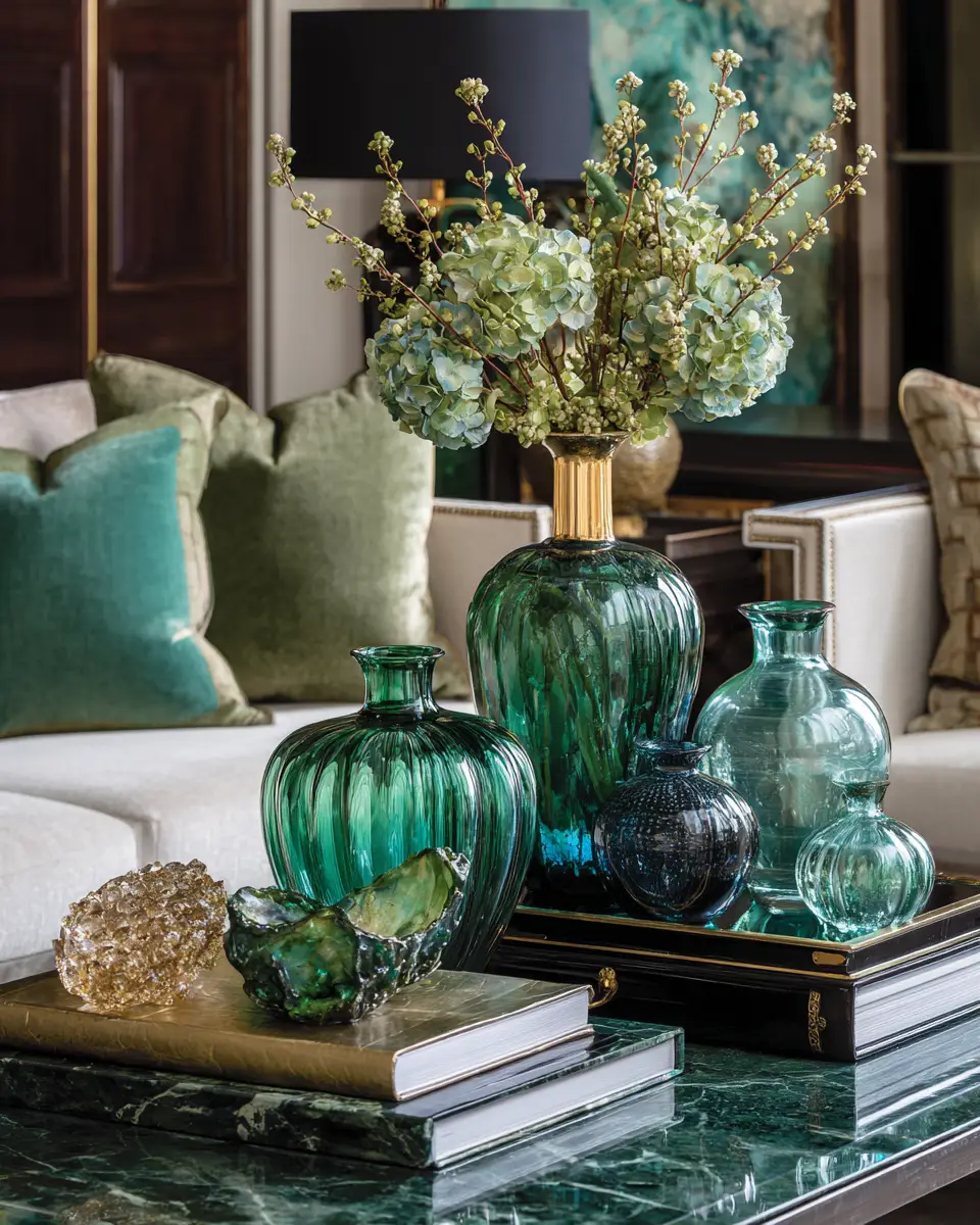 Emerald Green Transitional Living Room Decor Ideas