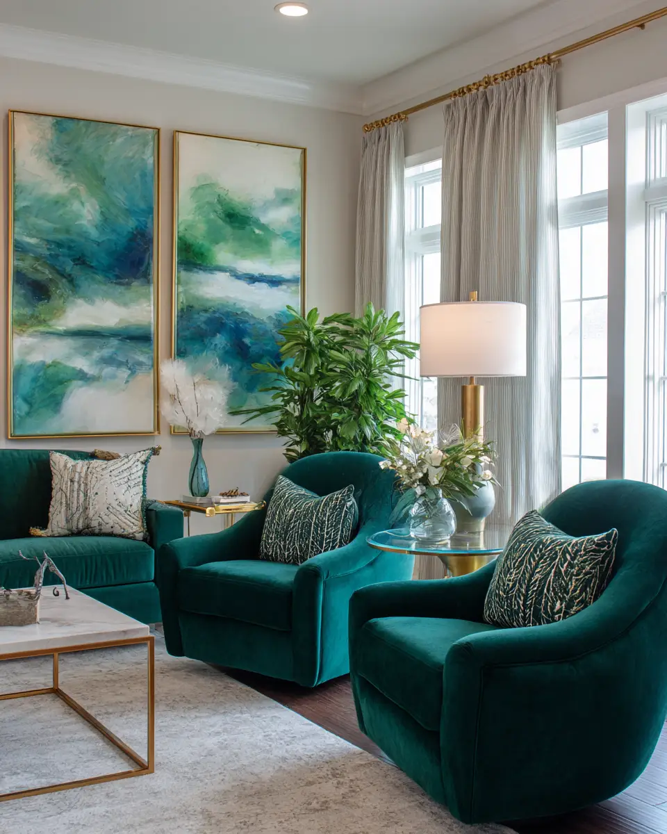 Emerald Green Transitional Living Room Decor Ideas