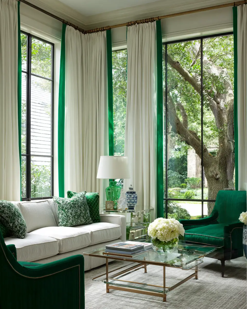 Emerald Green Transitional Living Room Decor Ideas