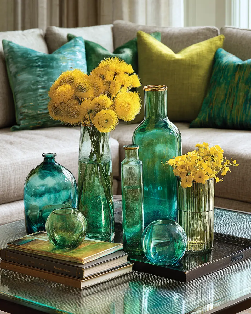 Emerald Green Transitional Living Room Decor Ideas