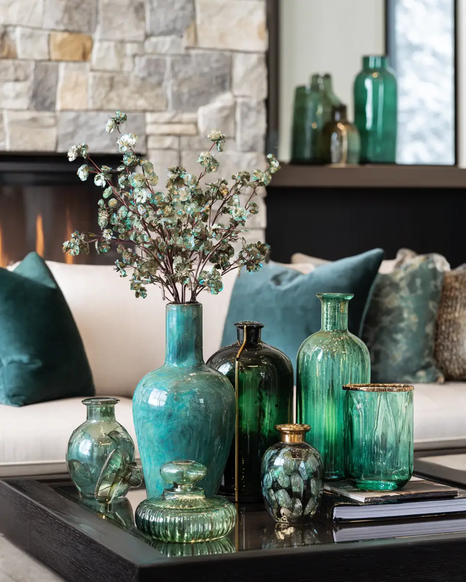 Emerald Green Transitional Living Room Decor Ideas