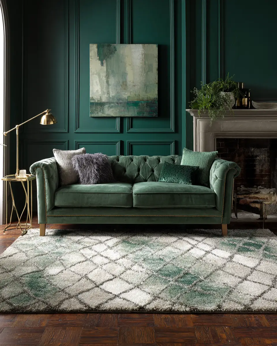 Emerald Green Transitional Living Room Decor Ideas