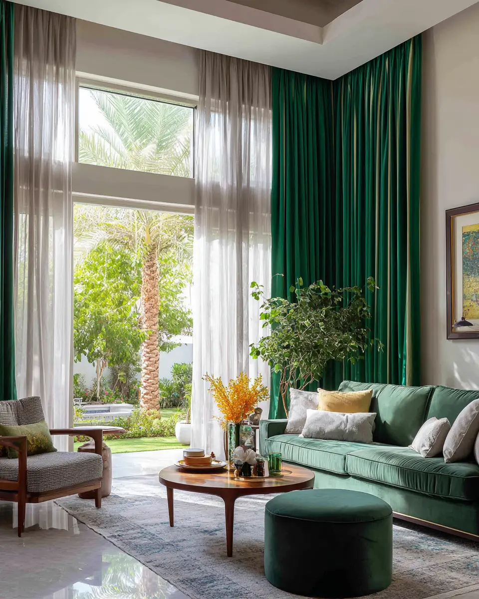 Emerald Green Transitional Living Room Decor Ideas