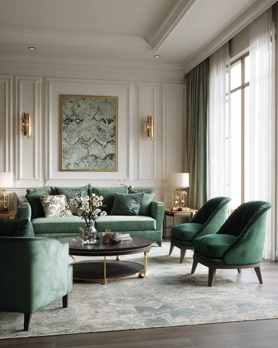Emerald Green Transitional Living Room Decor Ideas