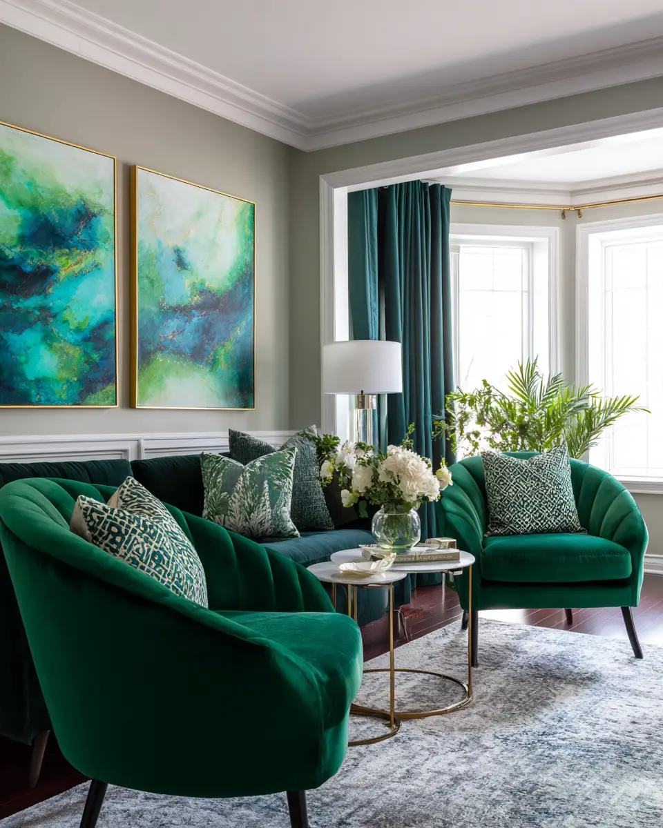 Emerald Green Transitional Living Room Decor Ideas