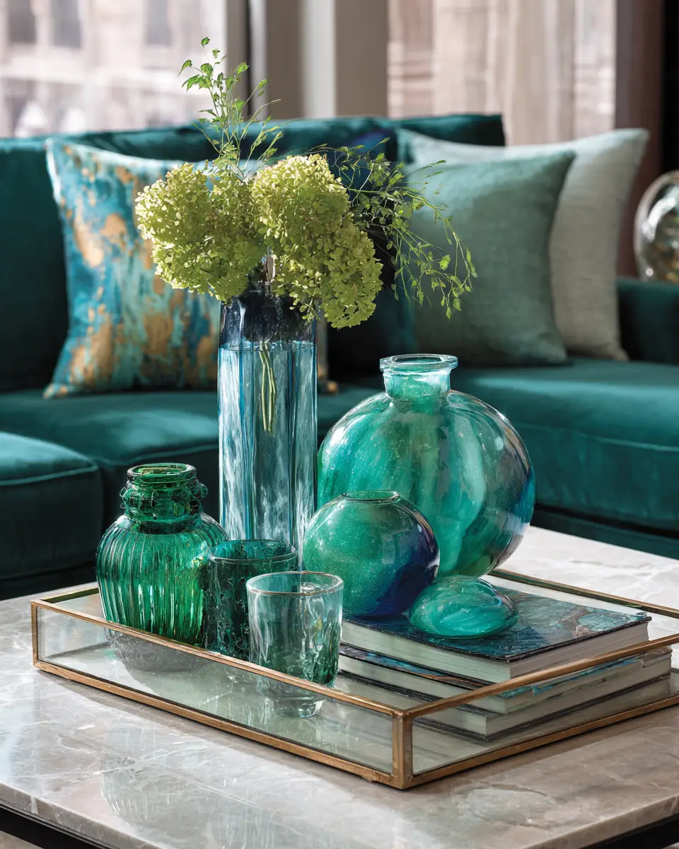Emerald Green Transitional Living Room Decor Ideas