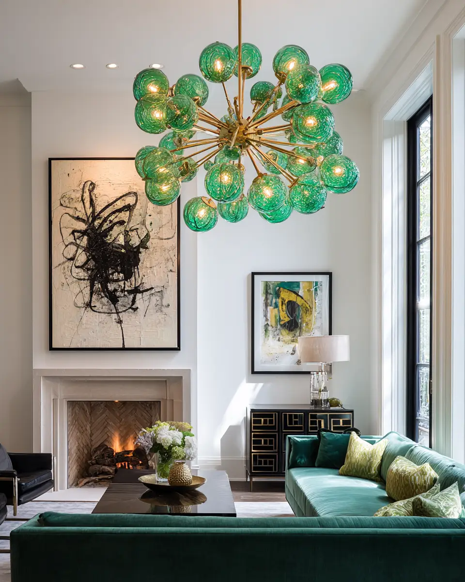 Emerald Green Transitional Living Room Decor Ideas