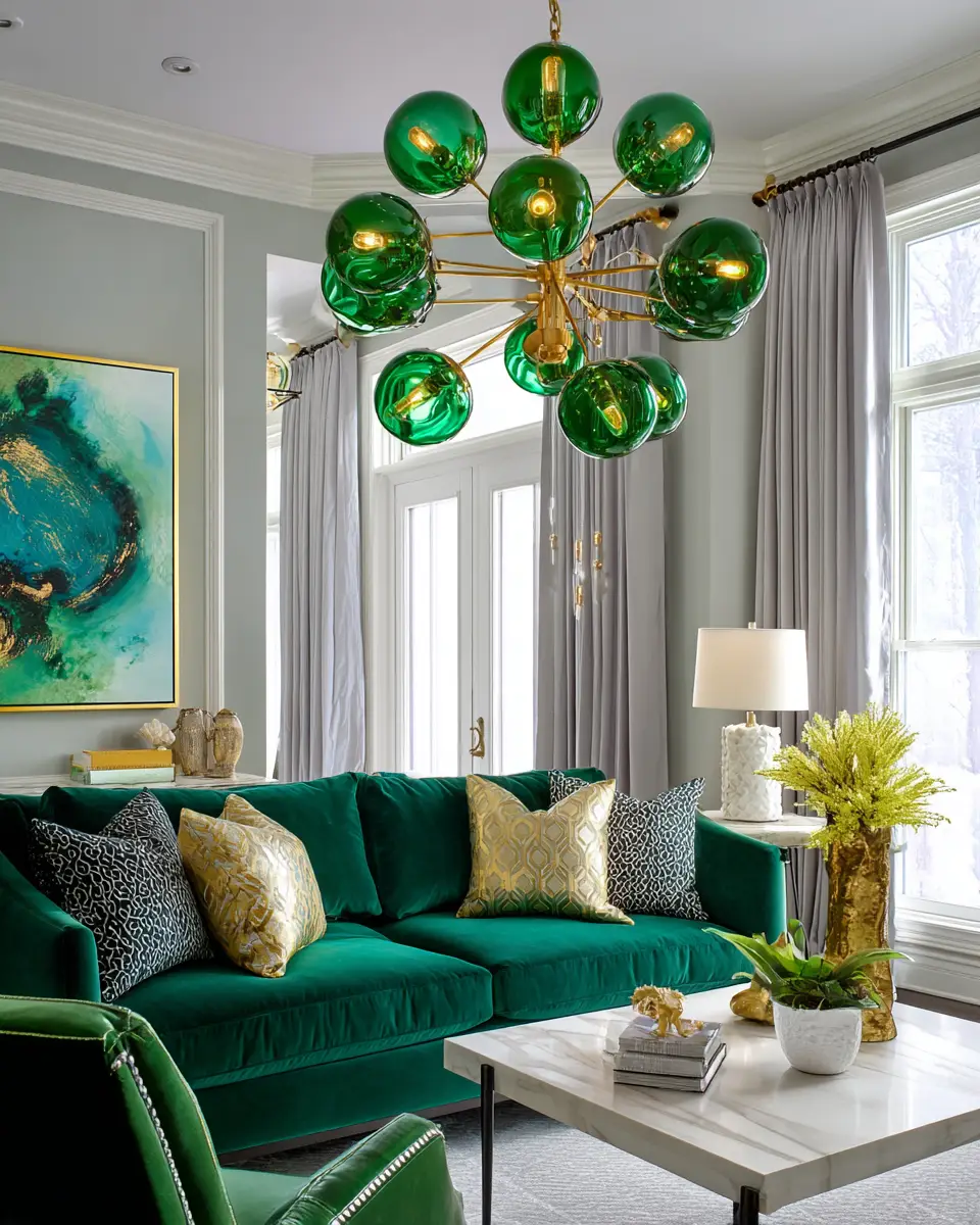 Emerald Green Transitional Living Room Decor Ideas