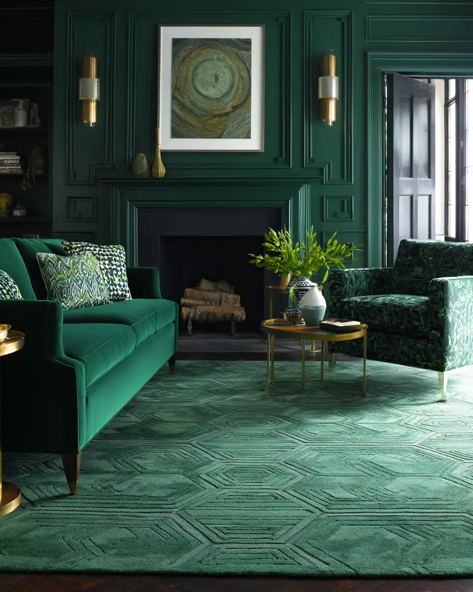 Emerald Green Transitional Living Room Decor Ideas