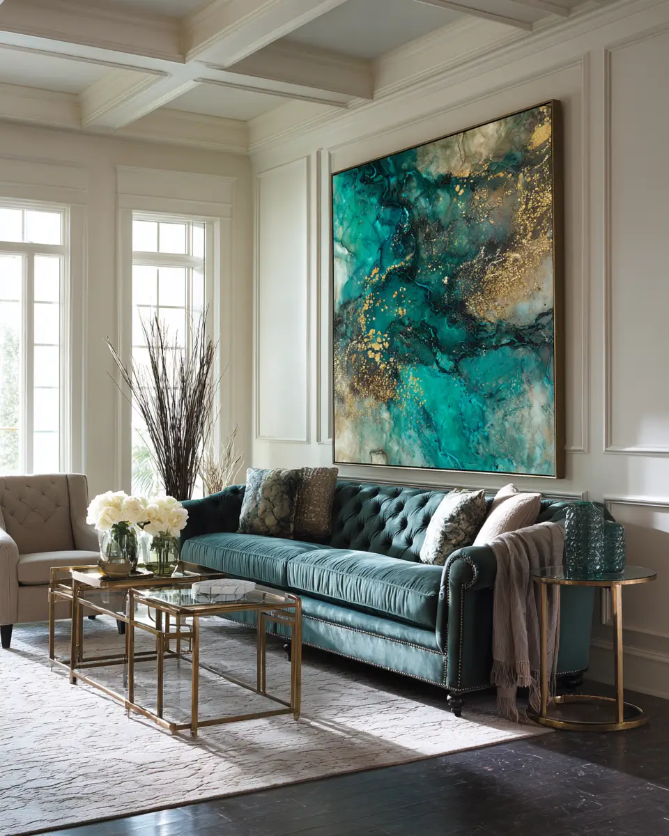 Emerald Green Transitional Living Room Decor Ideas